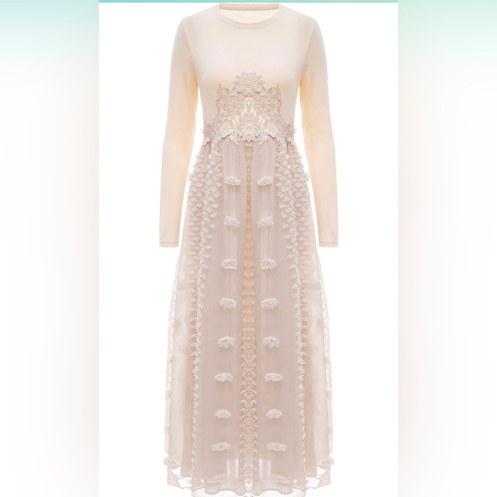 ALLOVIN Women's Long Sleeve Hollow Casual Maxi Dress Flowy BohoTulle w/Pockets